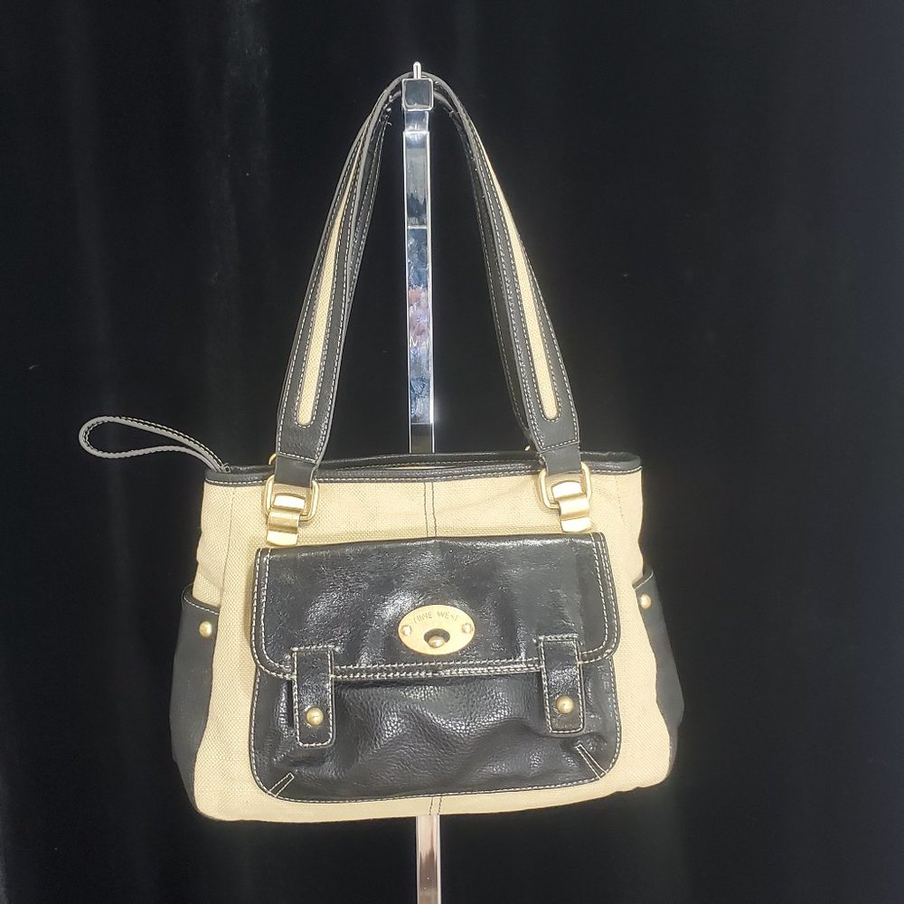 HTF. Nine West Black Leather with Yellow Woven Linen/Cotton Purse Hand Bag